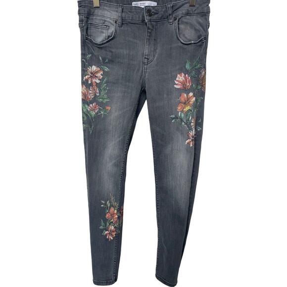 Zara Basic Z1975 Mid-Rise Floral Skinny Jeans Denim Washed Grey Women’s Size 24 - Picture 1 of 5